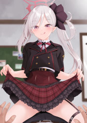 1boy 1girl :q black_jacket blue_archive blush buttons classroom clothes_lift collared_jacket commentary_request cropped_jacket double-breasted frilled_skirt frills girl_on_top grey_hair hair_ribbon halo hands_up hetero highres indoors jacket lifting_own_clothes long_hair looking_at_viewer momoiro_lettuce mutsuki_(blue_archive) pink_eyes plaid plaid_skirt pov red_skirt ribbon side_ponytail sidelocks skirt skirt_hold skirt_lift slit_pupils smile solo_focus straddling teasing thigh_strap tongue tongue_out rating:Sensitive score:59 user:danbooru
