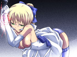  1girl artoria_pendragon_(all) artoria_pendragon_(fate) bdsm blonde_hair bondage bound breasts bride cleave_gag cloth_gag dress elbow_gloves fate/stay_night fate_(series) gag gagged gloves green_eyes hachikumo improvised_gag nipples official_alternate_costume panties ponytail saber_(fate) small_breasts solo thighhighs underwear wedding_dress  rating:Questionable score:52 user:danbooru