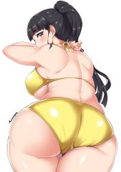 1girl arm_up artist_name ass back bare_arms bare_shoulders bikini black_hair blunt_bangs blush breasts cameltoe cleft_of_venus covered_erect_nipples cowboy_shot curvy dimples_of_venus ebino_mei foreshortening from_behind halterneck hatsukoi_zombie highres huge_ass large_breasts leaning_forward long_hair looking_at_viewer looking_back moisture_(chichi) profile purple_eyes shiny_skin shoulder_blades sideboob solo standing strap_gap sweat swimsuit thighs yellow_bikini rating:Questionable score:166 user:danbooru