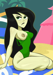 1girl beach beach_chair black_hair black_lips breasts casual_one-piece_swimsuit colored_nipples colored_skin commentary day english_commentary green_eyes green_nipples green_one-piece_swimsuit green_skin highleg highleg_swimsuit highres kim_possible_(series) long_hair looking_at_viewer medium_breasts newguy1091 nipples off_shoulder one-piece_swimsuit one_breast_out outdoors shego sitting solo strap_slip sweat swimsuit thighs toon_(style) 