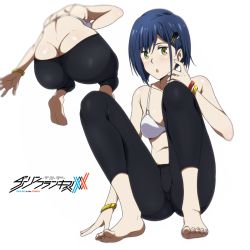 1girl :o armpits ass bare_arms bare_shoulders barefoot blue_hair blurry bra bracelet breasts butt_crack copyright_name darling_in_the_franxx depth_of_field feet full_body green_eyes hair_ornament highres ichigo_(darling_in_the_franxx) jewelry looking_at_viewer multiple_views navel open_mouth pants sbel02 short_hair simple_background skin_tight small_breasts soles squatting toes underwear white_background white_bra yoga_pants rating:Questionable score:107 user:danbooru