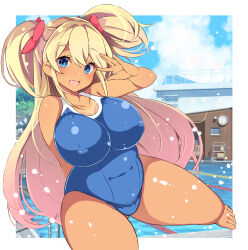  1girl absurdres blonde_hair blue_eyes blue_one-piece_swimsuit blue_sky blush breasts building clock collarbone commentary_request covered_erect_nipples covered_navel curvy day fang hair_ribbon highres kurokawa_izumi large_breasts long_hair looking_at_viewer one-piece_swimsuit open_mouth original outdoors pool ribbon school_swimsuit sky smile solo standing standing_on_one_leg swimsuit tan thighs tree two_side_up very_long_hair wall_clock water_drop 