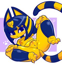  1girl :&lt; animal_crossing animal_ears animal_feet animal_hands ankha_(animal_crossing) arm_warmers artist_name barefoot blonde_hair blue_choker blue_eyes blue_hair blunt_bangs bob_cut body_fur border breasts cat_ears cat_girl cat_tail choker claws cleft_of_venus clitoris closed_mouth completely_nude dated feet female_focus full_body furry furry_female hair_ornament half-closed_eyes hands_on_own_knees highres leg_up leg_warmers looking_at_viewer lying multicolored_hair navel nintendo nipples nude on_back outline outside_border paw_print pawpads presenting purple_background pussy short_hair sidelocks signature small_breasts snake_hair_ornament solo spread_legs striped_tail tail tail_raised two-tone_hair uncensored vixycore white_border white_outline yellow_fur  rating:Explicit score:77 user:AngryZapdos