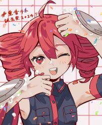  1girl absurdres ahoge arm_tattoo arm_up bare_shoulders black_shirt breast_pocket confetti cream detached_sleeves drill_hair food food_on_face grid_background hand_up happy_birthday highres kasane_teto long_hair looking_at_viewer one-eyed one_eye_closed open_mouth pie pocket red_eyes red_hair senri_(hrydy_o) shirt sleeveless sleeveless_shirt smile solo tattoo teeth twin_drills upper_body upper_teeth_only utau 