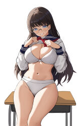  1girl against_table black-framed_eyewear black_hair blue_eyes blush bra breasts cleavage clothes_lift commentary_request cowboy_shot desk grin highres large_breasts lifted_by_self long_hair navel neckerchief original panties red_neckerchief sailor_collar school_desk semi-rimless_eyewear shirt shirt_lift simple_background smile solo underwear vococo white_background white_bra white_panties white_shirt 