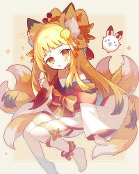  1girl :o animal_ear_fluff animal_ears bare_shoulders bell blonde_hair blush bow collarbone commission fox fox_ears fox_girl fox_shadow_puppet fox_tail full_body hair_ornament highres himeyuri_(nyanko_daisensou) japanese_clothes kimono kitsune long_hair long_sleeves looking_at_viewer multiple_tails no_shoes nyanko_daisensou off_shoulder orange_eyes original parted_lips saijo1201 short_eyebrows sitting skeb_commission solo tail thighhighs white_thighhighs wide_sleeves 