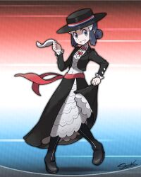  1girl alternate_costume artist_name black_footwear black_hat black_skirt boots chile chilean_clothes commentary creatures_(company) dawn_(pokemon) dress english_text frilled_dress frills full_body game_freak grey_eyes handkerchief hat highres holding holding_handkerchief nintendo pokemon pokemon_dppt siczak signature skirt smile solo standing 