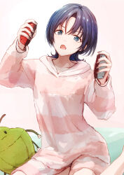  1girl absurdres black_nails blue_eyes blue_hair commentary_request controller game_controller highres hiodoshi_ao holding holding_controller holding_game_controller hololive hololive_dev_is hood hoodie joy-con looking_at_viewer nail_polish open_mouth pants pink_hoodie pink_pants short_hair solo virtual_youtuber white_background yami_ara  rating:General score:6 user:danbooru