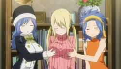 3girls animated animated_gif blonde_hair blue_hair blush grabbing_another&#039;s_breast breasts cleavage fairy_tail grabbing juvia_lockser large_breasts levy_mcgarden lucy_heartfilia multiple_girls talking twintails rating:Questionable score:85 user:lordroticiv