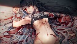  1girl amputee bandages blood bloody_bandages bottomless breasts grey_hair groin kajaneko long_hair looking_at_viewer lying navel on_back on_ground one_eye_closed original parted_lips red_eyes scratches small_breasts solo stomach underboob very_long_hair 