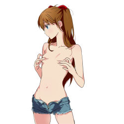 1girl alternate_breast_size blue_eyes breast_hold breasts brown_hair collarbone covering_privates covering_breasts covering_nipples cutoffs deep_skin denim denim_shorts grabbing grabbing_another&#039;s_breast long_hair looking_away mebae navel neon_genesis_evangelion open_clothes open_shorts shorts simple_background small_breasts solo souryuu_asuka_langley standing stomach topless unzipped  rating:Questionable score:368 user:danbooru