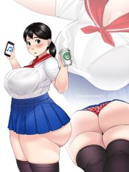 1girl ass bad_id bad_twitter_id black_hair blush breasts cellphone green_eyes highres huge_ass huge_breasts large_breasts open_mouth original phone plump school_uniform smartphone standing thick_thighs thighs toroboro undersized_clothes rating:Questionable score:48 user:Odrum2