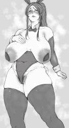  1girl blush breasts covered_erect_nipples detached_sleeves huge_breasts leotard looking_at_viewer mature_female mole mole_on_breast mole_under_eye mole_under_mouth monochrome original pasties playboy_bunny plump pubic_hair sagging_breasts sketch solo thighhighs toshi_(8868750) 