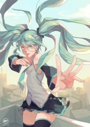  1girl blue_hair boots bridal_gauntlets full_body green_eyes grey_background hatsune_miku highres long_hair looking_at_viewer nanoless necktie skirt smile solo thigh_boots thighhighs twintails very_long_hair vocaloid  rating:Sensitive score:16 user:emhps