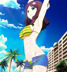  10s 1girl armpits arms_behind_head bikini breasts brown_hair green_eyes groin hair_ornament hairpin hamatora highres navel open_clothes open_shorts rei_(hamatora) shorts smile solo striped_bikini striped_clothes swimsuit underboob  rating:Sensitive score:11 user:Holdencfield