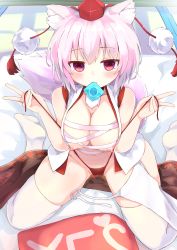  1girl animal_ear_fluff animal_ears bare_shoulders black_skirt bluekalmia blush breasts cleavage collarbone condom condom_in_mouth condom_wrapper hat inubashiri_momiji large_breasts looking_at_viewer medium_skirt mouth_hold multicolored_clothes multicolored_skirt nipples open_clothes open_shirt pom_pom_(clothes) red_eyes red_skirt ribbon short_hair silver_hair sitting skirt solo tail thighhighs tokin_hat touhou wariza white_thighhighs wolf_ears wolf_tail  rating:Questionable score:18 user:danbooru