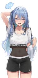  1girl :d absurdres anger_vein aqua_hair arm_up bare_shoulders black_leotard black_shorts blue_eyes blue_hair blush collarbone colored_inner_hair covered_navel cowboy_shot crop_top crop_top_overhang cropped_shirt gym_shorts hair_between_eyes hair_intakes hand_in_own_hair hand_up highres hoangryu hololive hoshimachi_suisei legs_apart leotard looking_at_viewer multicolored_hair off_shoulder open_mouth shirt shorts simple_background smile solo spoken_anger_vein spoken_sweatdrop straight-on sweat sweatdrop teeth thighs towel_on_arm upper_teeth_only virtual_youtuber white_background white_shirt  rating:Sensitive score:10 user:danbooru