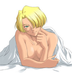  00s 1girl bed_sheet blonde_hair breasts covering_privates covering_breasts green_eyes hair_over_one_eye k-ma lowres lying maria_tachibana naked_sheet nude nude_cover on_stomach sakura_taisen short_hair smile solo under_covers  rating:Questionable score:27 user:danbooru