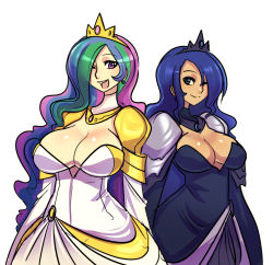2girls armor blue_eyes blue_hair breasts celestia_(my_little_pony) cleavage crescent crown dress gown green_hair hair_over_one_eye highres huge_breasts long_hair luna_(my_little_pony) maniacpaint multicolored_hair multiple_girls my_little_pony my_little_pony:_friendship_is_magic no_bra one_eye_closed pauldrons personification pink_eyes pink_hair purple_hair shoulder_armor siblings simple_background sisters tan very_long_hair white_background wink rating:Questionable score:84 user:danbooru