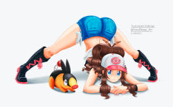  1girl ass ass_focus blue_eyes breasts brown_hair creatures_(company) embarrassed flexible game_freak gen_5_pokemon hair_ornament hat high_ponytail highres hilda_(pokemon) huge_ass jack-o&#039;_challenge large_breasts long_hair looking_at_viewer meme nintendo pokemon pokemon_(creature) pokemon_bw ponytail self-upload shiny_skin short_shorts shorts stretching sweat tepig thighlet tonyblaze top-down_bottom-up  rating:Questionable score:37 user:TonyBlaze