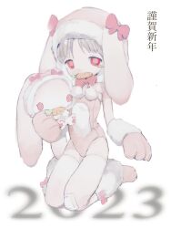  1girl 2023 akeome animal_ears bare_shoulders carrot chinese_zodiac flat_chest full_body gloves grey_hair happy_new_year hat highres holding holding_stuffed_toy leotard looking_at_viewer mouth_hold new_year original pink_leotard pom_pom_(clothes) rabbit_ears red_eyes seiza sitting solo stuffed_animal stuffed_rabbit stuffed_toy thighhighs white_thighhighs year_of_the_rabbit youyuu_(melt_yo103) 