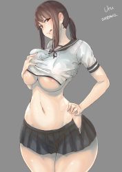 1girl alternate_breast_size artist_name blush breasts brown_eyes brown_hair dated fubuki_(kancolle) grey_background grey_skirt hand_on_own_hip highres kantai_collection large_breasts looking_at_viewer medium_hair navel nipple_slip nipples aged_up pleated_skirt ponytail sailor_collar school_uniform grabbing_own_breast serafuku shirt short_sleeves sidelocks simple_background skirt smile solo thick_thighs thighs tongue tongue_out torn_clothes torn_shirt torn_skirt underboob undersized_clothes upper_body uru_(uru0000) wide_hips rating:Questionable score:61 user:danbooru