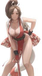  1girl absurdres bare_shoulders breasts brown_eyes brown_hair cleavage closed_mouth collarbone facing_viewer fatal_fury floral_print free_style_(yohan1754) hand_fan hand_on_own_hip high_ponytail highres holding holding_fan japanese_clothes kimono large_breasts leaning_forward light_smile long_hair looking_at_viewer ninja no_bra no_panties obi parted_bangs pelvic_curtain ponytail red_kimono sash shiranui_mai simple_background sleeveless sleeveless_kimono solo standing the_king_of_fighters thighs white_background  rating:Sensitive score:137 user:danbooru