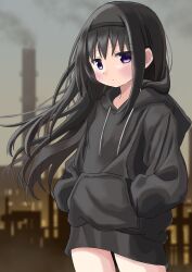  1girl akemi_homura black_hair black_hairband black_hoodie blurry closed_mouth commentary depth_of_field dot_mouth expressionless floating_hair hairband hands_in_pockets highres hood hood_down hoodie industrial_pipe long_hair mahou_shoujo_madoka_magica mahou_shoujo_madoka_magica_(anime) purple_eyes riuriumagi solo standing 
