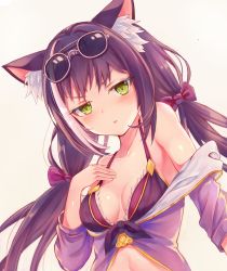1girl absurdres animal_ear_fluff animal_ears bare_shoulders bikini bikini_under_clothes black_hair blush bow breasts cat_ears collarbone eyewear_on_head green_eyes hair_bow hand_on_own_chest highres jacket karyl_(princess_connect!) karyl_(summer)_(princess_connect!) looking_at_viewer low_twintails medium_breasts multicolored_hair off_shoulder open_mouth princess_connect! purple_jacket simple_background solo sunglasses sunglasses_on_head swimsuit swimsuit_under_clothes sxbzero twintails upper_body white_hair rating:Sensitive score:7 user:danbooru