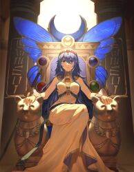  1girl alternate_costume bikini_boody blue_eyes blue_hair bracelet breasts closed_mouth commentary commission dress egyptian_clothes english_commentary fire_emblem fire_emblem_awakening gold_trim hair_between_eyes highres jewelry long_hair looking_at_viewer lucina_(fire_emblem) medium_breasts nintendo sitting sitting_on_throne sleeveless sleeveless_dress solo throne tiara usekh_collar white_dress  rating:General score:3 user:danbooru