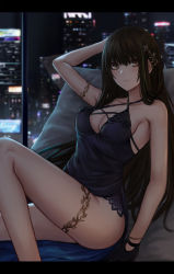 1girl absurdres arm_up armlet bad_id bad_pixiv_id bare_shoulders black_dress black_gloves black_hair breasts brown_eyes city cleavage criss-cross_halter dress feet_out_of_frame girls&#039;_frontline gloves hair_ornament halter_dress halterneck highres indoors knee_up letterboxed long_hair looking_at_viewer m4a1_(girls&#039;_frontline) medium_breasts night aged_up parted_lips selcky sitting sleeveless sleeveless_dress smile solo thighlet thighs very_long_hair rating:Sensitive score:31 user:danbooru