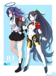  2girls absurdres aegis_(persona) aegis_(persona)_(cosplay) alternate_costume alternate_hairstyle android aris_(blue_archive) armband belt black_footwear black_hair black_jacket black_skirt blazer blue_archive blue_bow blue_bowtie blue_eyes bow bowtie collared_shirt commentary cosplay digital_media_player english_commentary gloves hair_between_eyes halo hand_in_pocket headphones highres jacket leotard long_bangs long_hair long_sleeves looking_at_another looking_at_viewer majinmallow multiple_girls open_clothes open_jacket parted_bangs persona persona_3 persona_3_reload pleated_skirt ponytail purple_eyes purple_hair red_armband school_uniform shirt shoes sidelocks simple_background skirt smile standing standing_on_one_leg thighhighs triangle_hair_ornament two_side_up white_gloves white_leotard white_shirt white_thighhighs yuuka_(blue_archive) yuuki_makoto_(persona_3) yuuki_makoto_(persona_3)_(cosplay)  rating:General score:6 user:danbooru