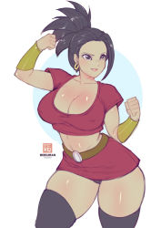  10s 1girl armband bare_arms black_eyes black_hair bokuman bracelet bracer breasts cleavage curvy dragon_ball dragon_ball_super earrings female_focus jewelry kale_(dragon_ball) large_breasts lips parted_lips ponytail red_shirt saiyan shirt smile solo spiked_hair stomach thick_thighs thighs wide_hips  rating:Explicit score:65 user:darksteel