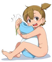1girl :d afterimage barakamon beckoning brown_eyes brown_hair bubukka flat_chest kotoishi_naru loli looking_at_viewer nude nudist open_mouth pillow short_hair side_ponytail simple_background sitting smile solo white_background rating:Questionable score:143 user:danbooru