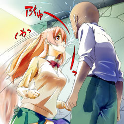 1boy 1girl artist_request bald faceless faceless_male female_pubic_hair from_below highres indoors money motion_lines no_panties prostitution pubic_hair red_hair saliva school_uniform skirt spitting rating:Questionable score:4 user:champignon