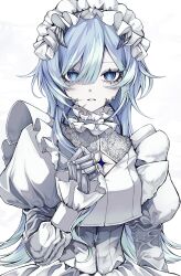  1girl 402_(o0_xxx) blue_eyes blue_hair breasts cleavage_cutout clothing_cutout diamond-shaped_pupils diamond_(shape) dress frilled_hairband frills hair_between_eyes hairband hand_up highres horns juliet_sleeves long_hair long_sleeves looking_at_viewer maid_headdress mechanical_hands original pale_skin parted_lips puffy_sleeves scales simple_background single_mechanical_hand solo symbol-shaped_pupils upper_body white_background white_dress white_theme 