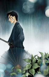  black_hair japanese_clothes katana kimono male_focus rain rurouni_kenshin saitou_hajime sword umbrella weapon  rating:Sensitive score:6 user:saito