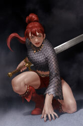  1girl armor boots chainmail earrings green_eyes highres holding holding_sword holding_weapon hoop_earrings jewelry long_hair looking_at_viewer ponytail red_footwear red_hair red_nails red_shorts red_sonja red_sonja_(comics) reverse_grip short_shorts shorts solo squatting sword weapon yoon_junggeun 