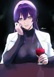  1girl absurdres akeboshi_maria alcohol bags_under_eyes black_sweater blurry blurry_foreground braid breasts coat commentary cup english_commentary evil_smile hair_between_eyes hair_intakes hand_on_own_face highres holding holding_cup large_breasts long_hair looking_at_viewer maria_no_danzai mymzi open_clothes open_coat purple_eyes purple_hair ribbed_sweater single_braid smile solo sweater turtleneck turtleneck_sweater twitter_username upper_body white_coat wine 