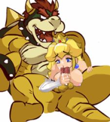 1boy 1girl animated animated_gif blonde_hair blue_eyes bowser breasts crown cum cum_in_mouth earrings elbow_gloves facial fellatio gem gloves handjob hetero jewelry lowres mario_(series) monster nintendo nipples nude oral penis playshapes princess_peach simple_background smile super_mario_bros._1 uncensored white_background rating:Explicit score:130 user:mojo2