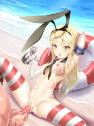 10s 1boy 1girl anchor_hair_ornament astdevir beach blonde_hair breasts cum cum_on_body cum_on_lower_body cum_on_upper_body elbow_gloves gloves hair_ornament hairband hetero highres kantai_collection lifebuoy long_hair nipples outdoors penis pussy sailor_collar shimakaze_(kancolle) solo_focus spread_legs striped_clothes striped_thighhighs swim_ring thighhighs uncensored water rating:Explicit score:44 user:Domestic_Importer