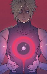  1boy bare_shoulders blonde_hair blue_eyes cloud_strife dated empty_eyes expressionless final_fantasy final_fantasy_vii final_fantasy_vii_rebirth final_fantasy_vii_remake grey_shirt hair_between_eyes highres looking_at_viewer male_focus materia red_background shirt short_hair sleeveless sleeveless_turtleneck solo spiked_hair turtleneck twitter_username upper_body wakakusa-e 