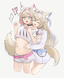 !? 2girls @_@ ^_^ animal_ear_fluff animal_ears belt blonde_hair blue_belt blue_eyes blue_hairband blue_nails breasts chain cleavage_cutout closed_eyes clothing_cutout collar cropped_legs crossed_bangs dog_ears dog_girl dog_tail dress fang frilled_shorts frills fuwawa_abyssgard fuwawa_abyssgard_(1st_costume) grey_background hair_between_eyes hair_ornament hairband hairclip hands_on_another&#039;s_stomach highres hololive hololive_english large_breasts long_hair long_sleeves medium_hair midriff mococo_abyssgard mococo_abyssgard_(1st_costume) multicolored_hair multiple_girls navel no_jacket off-shoulder_shirt off_shoulder open_mouth pink_belt pink_hairband pink_nails shirt short_shorts short_sleeves shorts shuuzo3 siblings simple_background sisters skin_fang small_breasts smile streaked_hair surprised tail twins two_side_up virtual_youtuber white_dress white_shirt white_shorts x_hair_ornament  rating:Sensitive score:35 user:danbooru