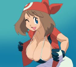 1girl absurdres alternate_breast_size bandana bikini blue_bikini blue_eyes blue_gloves breasts brown_hair cleavage creatures_(company) game_freak gloves hanging_breasts highres inker_comics large_breasts looking_at_viewer may_(pokemon) medium_hair nintendo one_eye_closed open_clothes open_mouth open_shirt pokemon pokemon_(anime) pokemon_rse red_bandana red_shirt shirt short_sleeves smile solo swimsuit teasing white_gloves rating:Sensitive score:188 user:danbooru