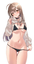  1girl absurdres ahoge bikini black_bikini black_choker blush breasts brown_eyes brown_hair choker cleavage cowboy_shot earrings haruuukuma highres hololive hololive_english jewelry looking_at_viewer medium_breasts multicolored_hair nanashi_mumei necklace panties panty_pull simple_background solo source_request streaked_hair swimsuit thigh_gap underwear virtual_youtuber white_background  rating:Sensitive score:36 user:Oishlam