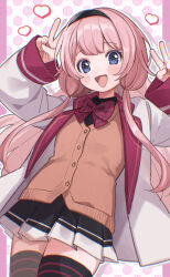  1girl :d black_hairband blue_eyes blush bow bowtie cardigan double_v hairband heart highres hoshimaruchii31 jacket long_hair looking_at_viewer low_twintails nijisanji open_clothes open_jacket open_mouth outline pink_hair pleated_skirt skirt smile solo suo_sango thighhighs twintails v virtual_youtuber white_outline 
