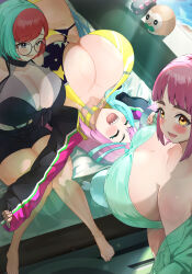  3girls :d ^_^ aged_up alternate_costume aqua_bikini arched_bangs bare_shoulders barefoot beach bikini black_bikini black_jacket black_one-piece_swimsuit black_shorts blue_hair blue_sky blush breasts character_hair_ornament choker cleavage closed_eyes cloud collarbone commentary_request creatures_(company) day full_body game_freak gen_7_pokemon glasses grey_eyes groin hair_between_eyes hair_ornament hair_over_shoulder hairclip highres hizakake huge_breasts iono_(pokemon) jacket lacey_(pokemon) lens_flare long_hair looking_at_another looking_at_viewer lying multicolored_hair multiple_girls nintendo no_headwear ocean off_shoulder on_back one-piece_swimsuit open_clothes open_jacket open_mouth outdoors outstretched_arms parted_lips penny_(pokemon) pink_hair pokemon pokemon_(creature) pokemon_sv pyukumuku red_hair round_eyewear rowlet see-through shadow sharp_teeth short_hair short_shorts shorts sidelocks sitting skindentation sky sleeves_past_wrists smile standing stomach strapless strapless_bikini swept_bangs swimsuit teeth thick_eyebrows two-tone_bikini two-tone_hair upper_teeth_only very_long_hair yellow_bikini yellow_choker yellow_eyes 