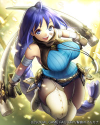  1girl ahoge bandages bandaid bare_shoulders blue_eyes blue_hair breasts cherry-chan company_name copyright_name garter_straps gloves jewelry large_breasts long_hair looking_at_viewer matching_hair/eyes pendant purple_eyes purple_hair ribbed_sweater seikon_no_arcana smile solo sweater thighhighs tonfa very_long_hair weapon 