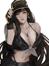  adjusting_clothes adjusting_headwear almondtofu_boy baseball_cap bikini black_bikini breasts brown_eyes brown_hair cleavage closed_mouth crop_top dangle_earrings earrings elbow_sleeve final_fantasy final_fantasy_vii final_fantasy_vii_ever_crisis fingerless_gloves gloves grey_skirt hat highres jewelry large_breasts looking_at_viewer midriff navel official_alternate_costume see-through see-through_shirt shirt single_sidelock skirt suspenders swept_bangs swimsuit tifa_lockhart tifa_lockhart_(lifeguard) twitter_username wet wet_clothes wet_shirt whistle whistle_around_neck white_background 