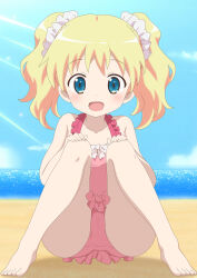 1girl alice_cartelet bare_shoulders barefoot beach blonde_hair blue_eyes blue_sky blush cameltoe cloud collarbone day dot_nose facing_viewer feet female_focus full_body highres kin-iro_mosaic no_shoes no_socks one-piece_swimsuit open_mouth pink_one-piece_swimsuit sand sitting sky solo sunrays swimsuit twintails water